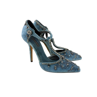 Dolce & Gabbana Blue Velvet Crystal Embellished T-Strap Pumps