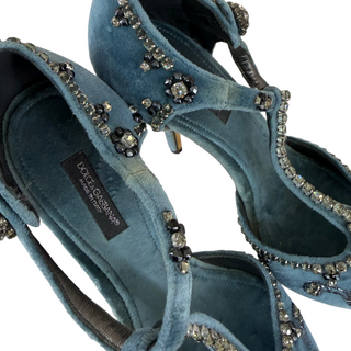 Dolce & Gabbana Blue Velvet Crystal Embellished T-Strap Pumps