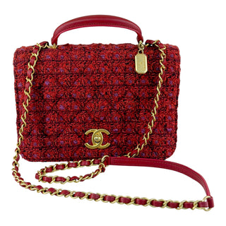 Chanel Red Tweed Top Handle Flap Bag With Chain Strap Gold Hardware