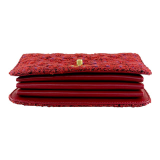 Chanel Red Tweed Top Handle Flap Bag With Chain Strap Gold Hardware