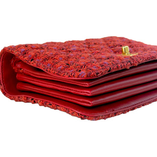 Chanel Red Tweed Top Handle Flap Bag With Chain Strap Gold Hardware