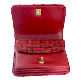 Chanel Red Tweed Top Handle Flap Bag With Chain Strap Gold Hardware
