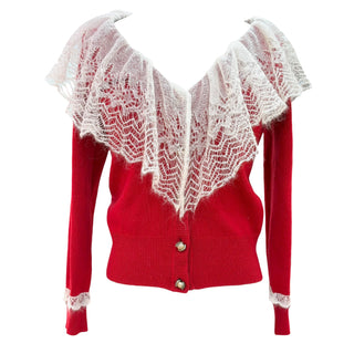Louis Vuitton Red & Ivory Lace Trim Mohair Blend Cardigan