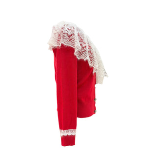 Louis Vuitton Red & Ivory Lace Trim Mohair Blend Cardigan