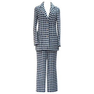 Chanel Navy Blue & Ivory Houndstooth Tweed Trouser Suit