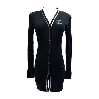 Chanel Black CC Logo Ribbed Knit Long Cardigan