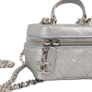 Chanel Trendy CC Mini Vanity Top Handle Bag in Metallic Silver Caviar Leather