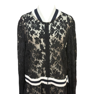 Chanel Black Lace Longline Zip-Up Coat Dress with Contrast Trim