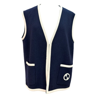 Gucci Navy Interlocking G Contrast Trim Knit Vest