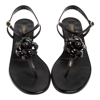 Chanel Black Patent Leather Camellia Thong Flat Sandals