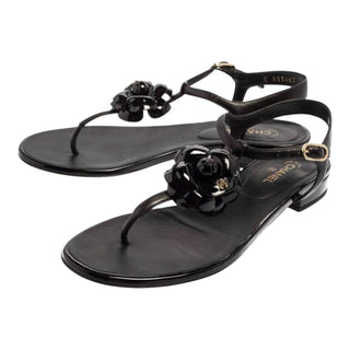 Chanel Black Patent Leather Camellia Thong Flat Sandals