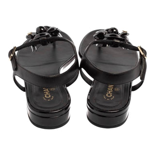 Chanel Black Patent Leather Camellia Thong Flat Sandals
