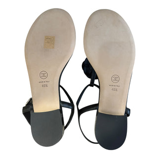 Chanel Black Patent Leather Camellia Thong Flat Sandals