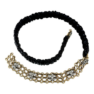 Chanel Black Ruched Leather Crystal CC Chain Waist Belt