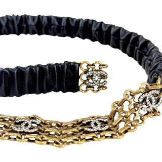 Chanel Black Ruched Leather Crystal CC Chain Waist Belt