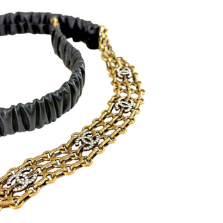 Chanel Black Ruched Leather Crystal CC Chain Waist Belt