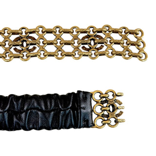 Chanel Black Ruched Leather Crystal CC Chain Waist Belt