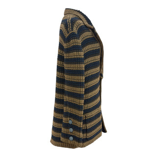 Chanel Navy & Camel Striped Textured Knit Cardigan with Floral CC Buttons