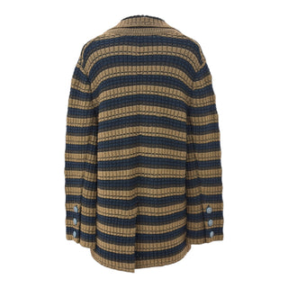 Chanel Navy & Camel Striped Textured Knit Cardigan with Floral CC Buttons