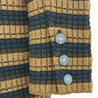 Chanel Navy & Camel Striped Textured Knit Cardigan with Floral CC Buttons