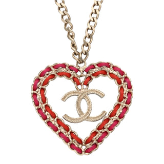 Chanel Gold Metal CC Heart Lambskin Woven Pendant Necklace Pink & Red 2018