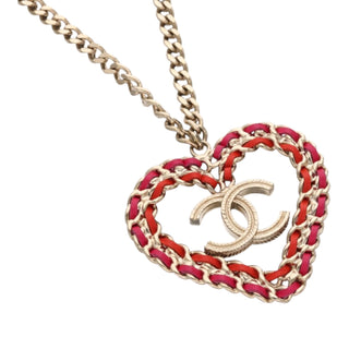 Chanel Gold Metal CC Heart Lambskin Woven Pendant Necklace Pink & Red 2018