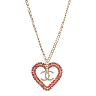 Chanel Gold Metal CC Heart Lambskin Woven Pendant Necklace Pink & Red 2018