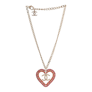 Chanel Gold Metal CC Heart Lambskin Woven Pendant Necklace Pink & Red 2018