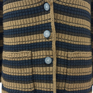 Chanel Navy & Camel Striped Textured Knit Cardigan with Floral CC Buttons
