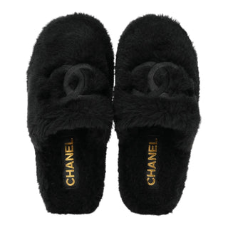 Chanel Black Shearling CC Logo Slippers & Cosmetic Pouch Set