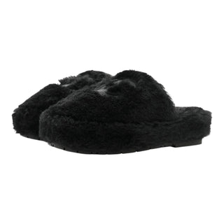 Chanel Black Shearling CC Logo Slippers & Cosmetic Pouch Set