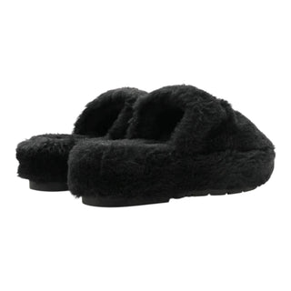 Chanel Black Shearling CC Logo Slippers & Cosmetic Pouch Set