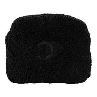 Chanel Black Shearling CC Logo Slippers & Cosmetic Pouch Set