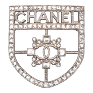 Chanel CC Shield Crest Brooch Crystal Embellished Silver-Tone