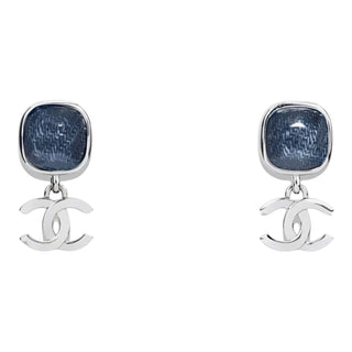 Chanel Silver CC Drop Logo Earrings Blue