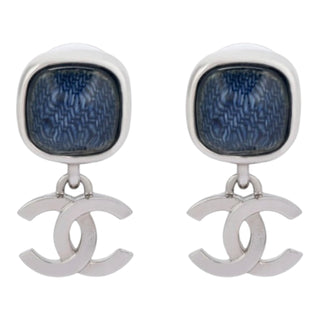 Chanel Silver CC Drop Logo Earrings Blue