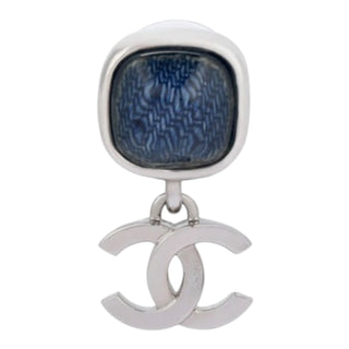 Chanel Silver CC Drop Logo Earrings Blue