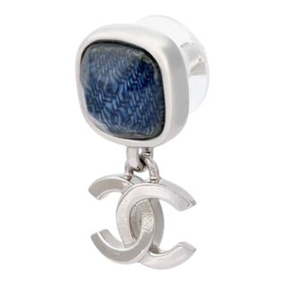 Chanel Silver CC Drop Logo Earrings Blue