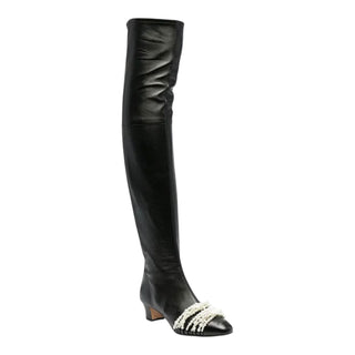 Chanel Black Leather Pearl Cap-Toe Over-The-Knee Boots