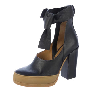 Chloé Black Leather Bow Platform Block Heel Pumps