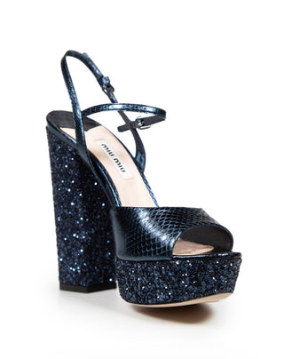 Miu Miu Navy Glitter Platform Block Heel Sandals
