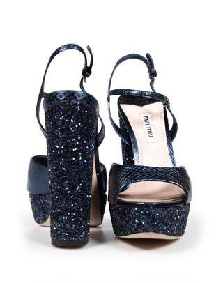 Miu Miu Navy Glitter Platform Block Heel Sandals