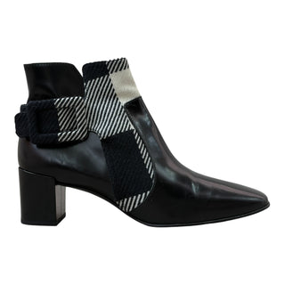 Burberry Black Leather Check Panel Ankle Boots