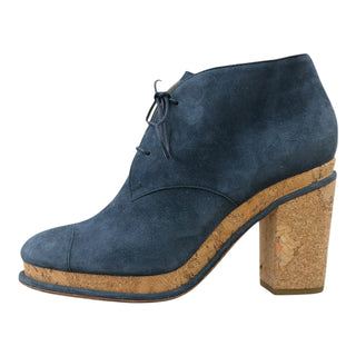Chanel Navy Suede Lace-Up Cork Heel Ankle Boots