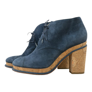 Chanel Navy Suede Lace-Up Cork Heel Ankle Boots