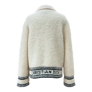 Christian Dior Ivory Shearling-Effect Wool Blend Jacket with Logo Hem