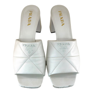 Prada White Leather Logo Quilted Block Heel Mule Sandals