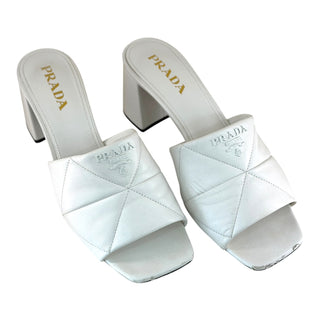 Prada White Leather Logo Quilted Block Heel Mule Sandals