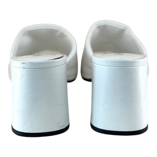Prada White Leather Logo Quilted Block Heel Mule Sandals