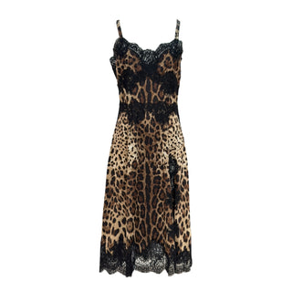 Dolce & Gabbana Leopard Print Silk Blend Lace Slip Midi Dress